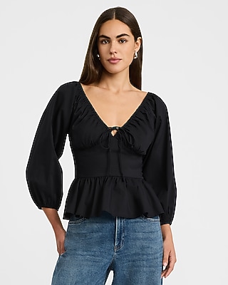 Stretch Cotton Poplin Tie Front Balloon Sleeve Peplum Top