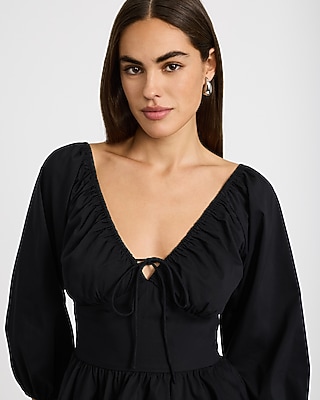 Stretch Cotton Poplin Tie Front Balloon Sleeve Peplum Top