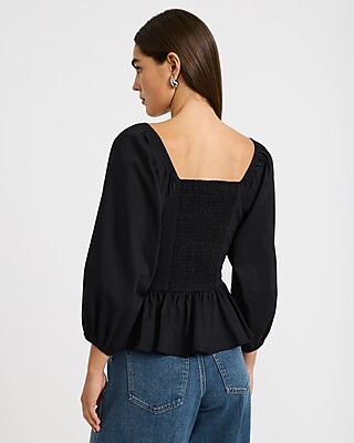 Stretch Cotton Poplin Tie Front Balloon Sleeve Peplum Top