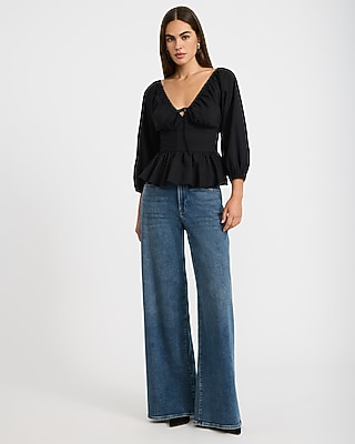 Stretch Cotton Poplin Tie Front Balloon Sleeve Peplum Top