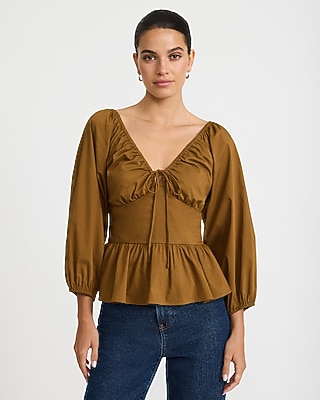 Stretch Cotton Poplin Tie Front Balloon Sleeve Peplum Top | Express