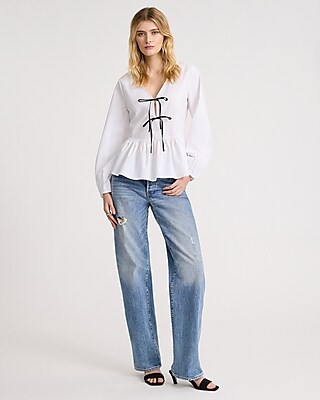 Tie Front Long Sleeve Peplum Top