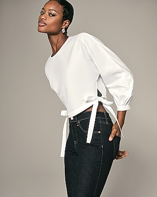 Crew Neck Long Sleeve Side Tie Top