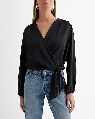 Satin Balloon Sleeve Faux Wrap Tie Waist Top | Express