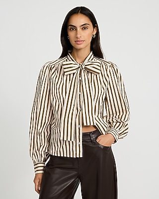 Striped Cotton Tie Neck Long Sleeve Button Front Top