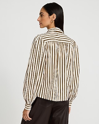 Striped Cotton Tie Neck Long Sleeve Button Front Top