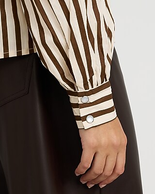 Striped Cotton Tie Neck Long Sleeve Button Front Top
