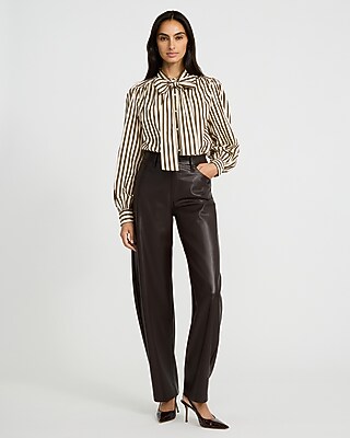 Striped Cotton Tie Neck Long Sleeve Button Front Top
