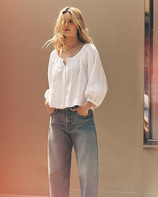 Scoop Neck Balloon Sleeve Button Front Top | Express