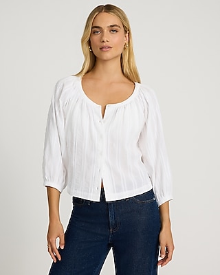 Scoop Neck Balloon Sleeve Button Front Top