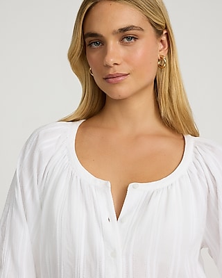 Scoop Neck Balloon Sleeve Button Front Top