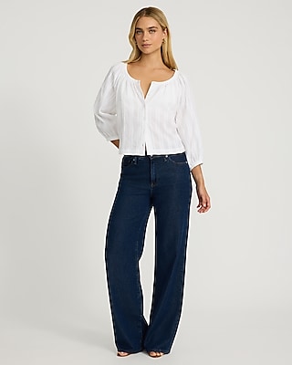 Scoop Neck Balloon Sleeve Button Front Top