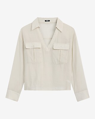 Collared V-Neck Double Pocket Top