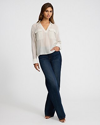 Collared V-Neck Double Pocket Top