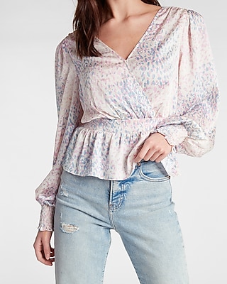 Satin Abstract Print Tie Back Peplum Top