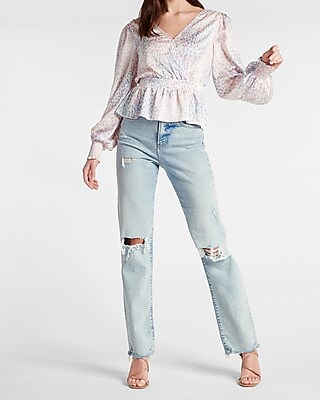 Satin Abstract Print Tie Back Peplum Top