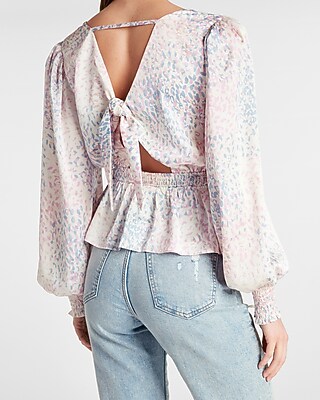 Satin Abstract Print Tie Back Peplum Top