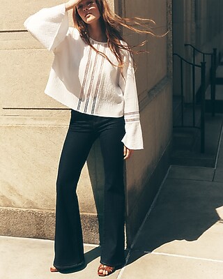 Eyelet Gauze Crew Neck Bell Sleeve Top