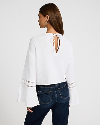 Eyelet Gauze Crew Neck Bell Sleeve Top