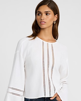 Eyelet Gauze Crew Neck Bell Sleeve Top