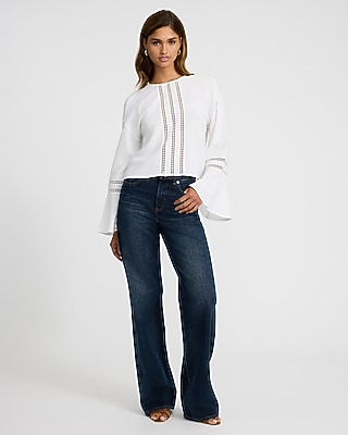 Eyelet Gauze Crew Neck Bell Sleeve Top