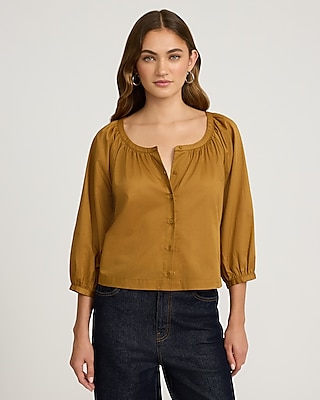 Skimming Mesh Pleated Mock Neck Balloon Sleeve Top | Express