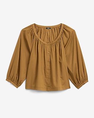 Cotton Voile Scoop Neck Balloon Sleeve Button Front Top - image 4