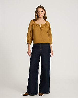 Cotton Voile Scoop Neck Balloon Sleeve Button Front Top - image 3