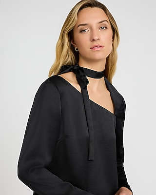 Satin Asymmetrical Tie Neck Long Sleeve Top | Express