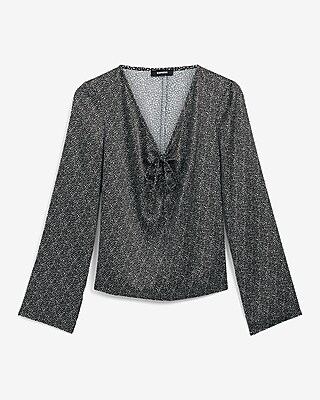 Satin V-Neck Long Sleeve Bow Front Top