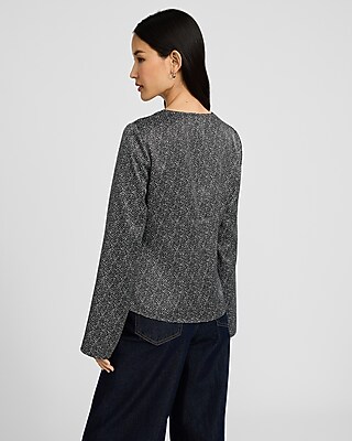 Satin V-Neck Long Sleeve Bow Front Top