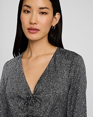 Satin V-Neck Long Sleeve Bow Front Top