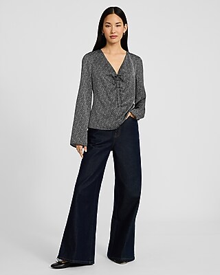 Satin V-Neck Long Sleeve Bow Front Top