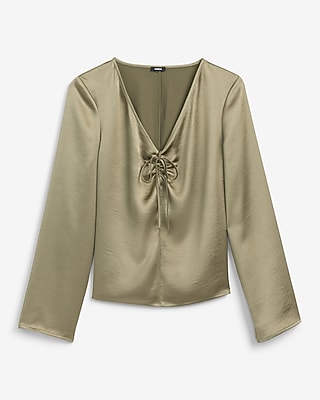 Satin V-Neck Long Sleeve Bow Front Top