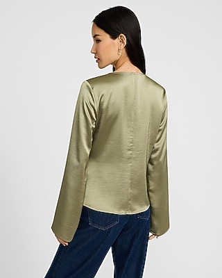 Satin V-Neck Long Sleeve Bow Front Top