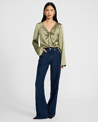 Satin V-Neck Long Sleeve Bow Front Top