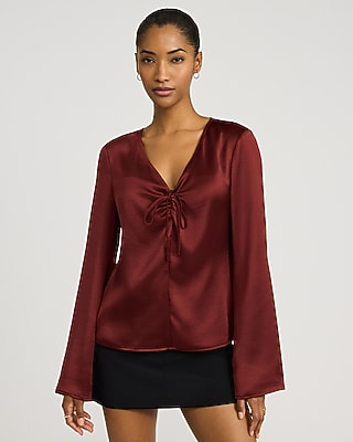 Satin Crew Neck Bow Long Sleeve Top | Express