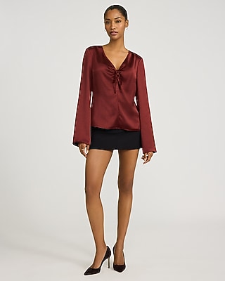 Satin V-neck Long Sleeve Bow Front Top | Express