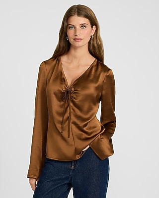 Satin V-neck Long Sleeve Hardware Collared Top | Express