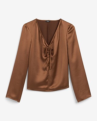 Satin V-Neck Long Sleeve Bow Front Top