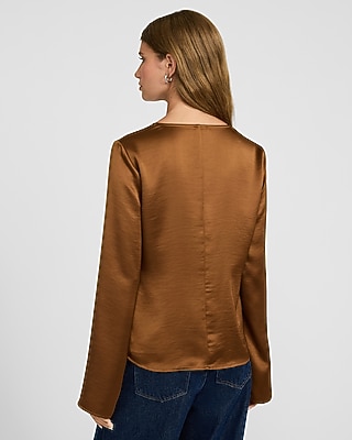 Satin V-Neck Long Sleeve Bow Front Top