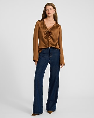 Satin V-Neck Long Sleeve Bow Front Top