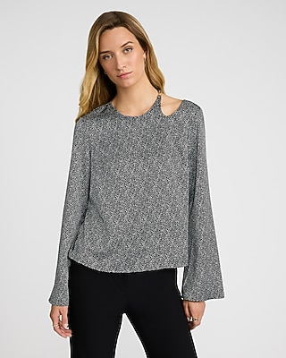 Satin Clip Dot V-neck Long Sleeve Button Front Ruffle Top | Express