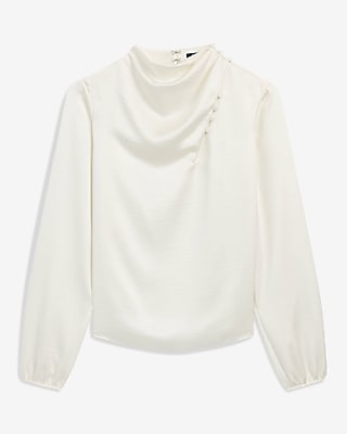 Satin Button Mock Neck Long Sleeve Top