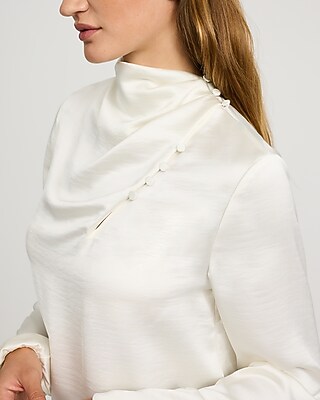Satin Button Mock Neck Long Sleeve Top