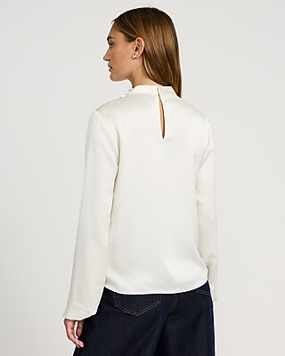Satin Button Mock Neck Long Sleeve Top