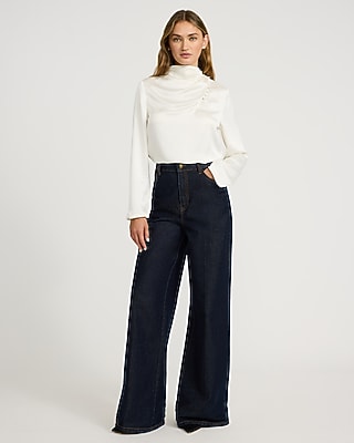 Satin Button Mock Neck Long Sleeve Top