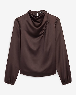 Satin Button Mock Neck Long Sleeve Top