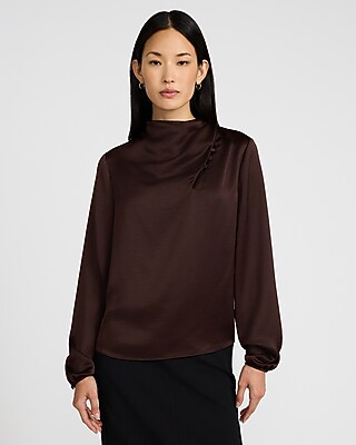 Satin Button Mock Neck Long Sleeve Top