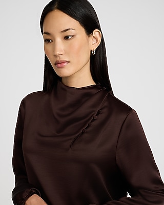 Satin Button Mock Neck Long Sleeve Top